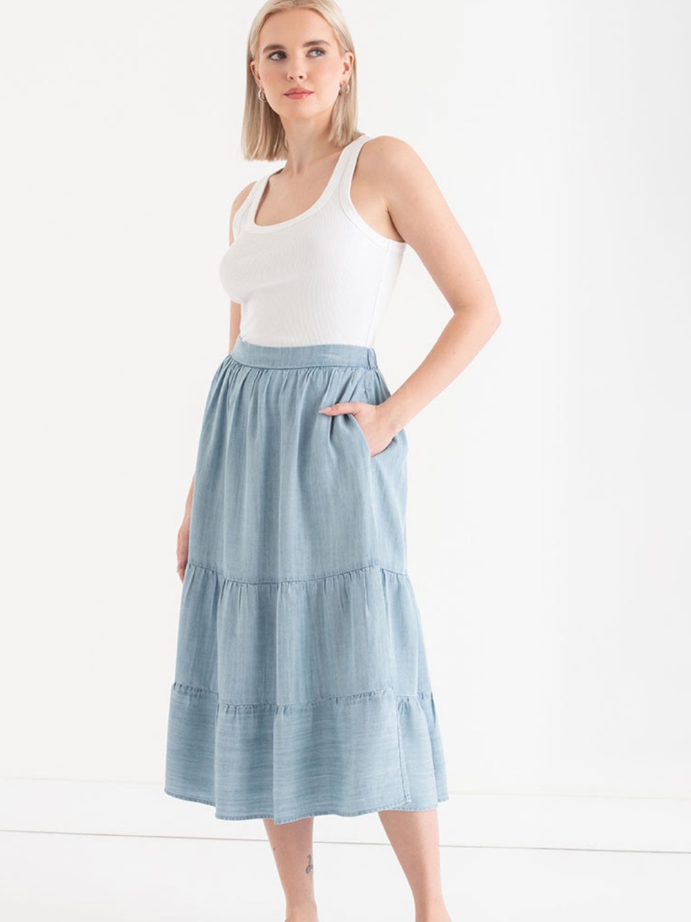 Light Blue Tencel Tiered Midi Skirt